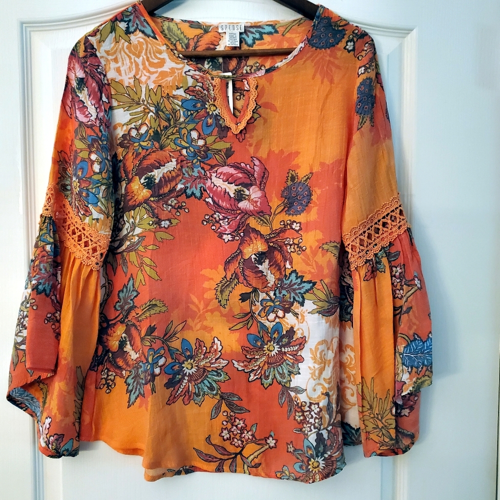 Spease Boutique S Orange Floral Bell Sleeve NWT